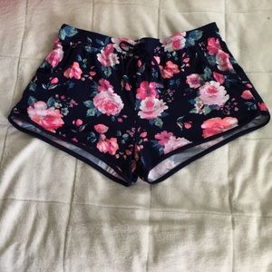 floral and navy beach shorts